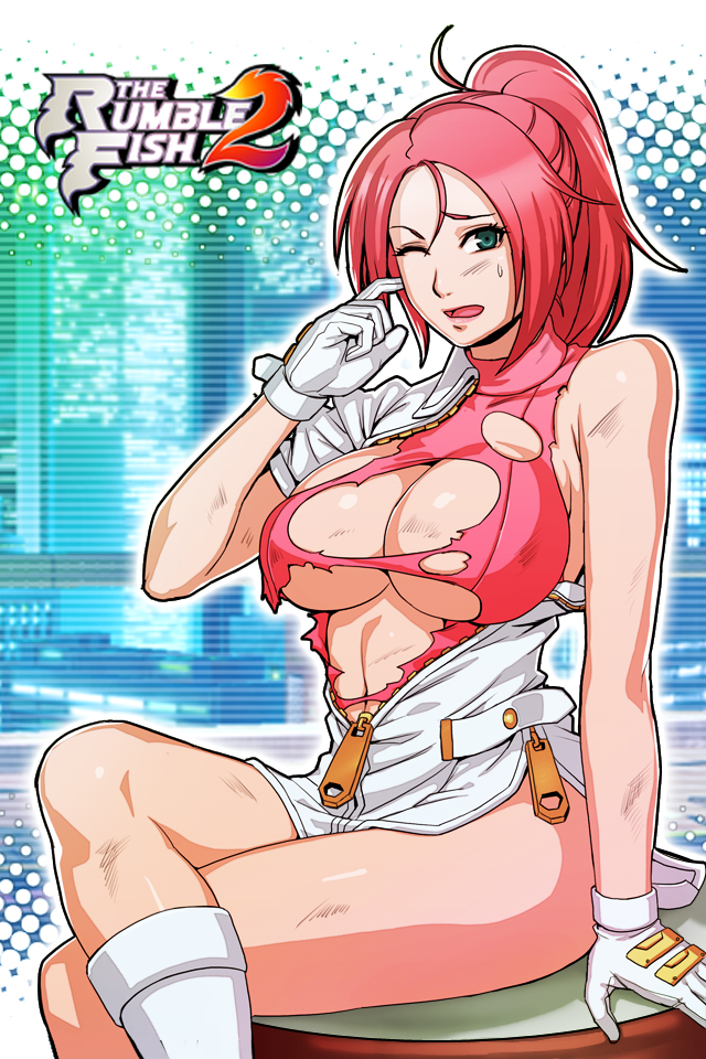 1girl breasts garnet_(rumble_fish) gloves green_eyes large_breasts legs looking_at_viewer nurse official_art open_mouth pink_hair rumble_fish short_hair sitting solo sweat torn_clothes wink