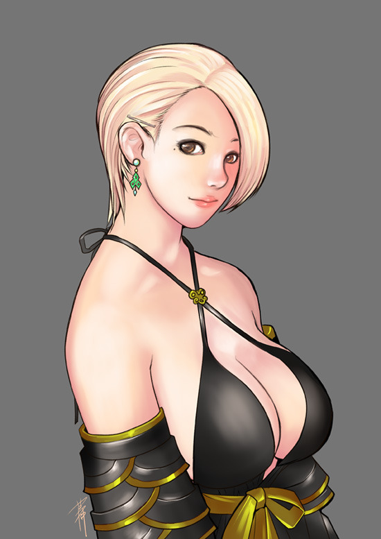 1girl blonde_hair breasts brown_eyes detached_sleeves dress earrings grey_background jewelry kusagami_style large_breasts lips looking_at_viewer mole no_bra short_hair simple_background smile solo
