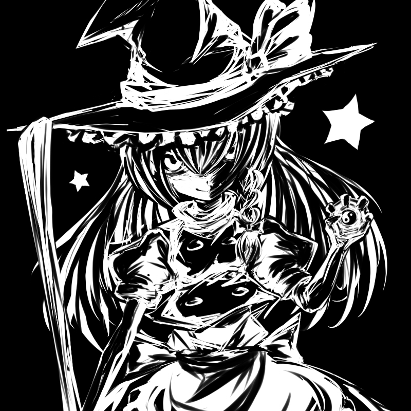 angry black_background duplicate greyscale guuchama hair_over_one_eye hat kirisame_marisa looking_at_viewer mini-hakkero monochrome shaded_face simple_background solo star touhou upper_body witch_hat