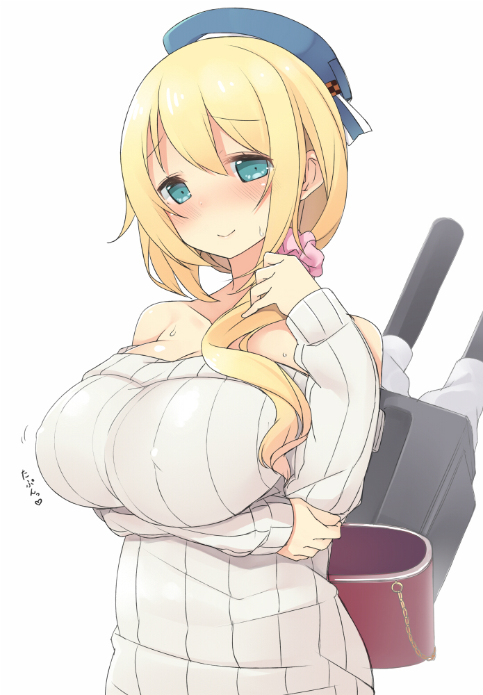 atago_(kantai_collection) bad_id bad_pixiv_id bare_shoulders blonde_hair blue_hat blush breast_hold breasts cleavage covered_nipples green_eyes hat kantai_collection large_breasts long_hair nekoume off-shoulder_sweater open_mouth ribbed_sweater simple_background smile solo sweater translated white_background