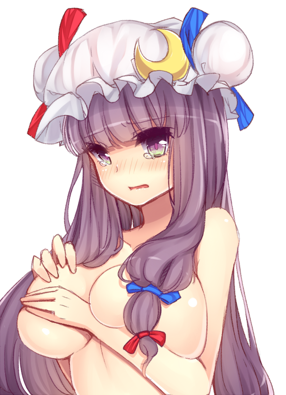 blush breasts covering covering_breasts crescent hair_ribbon hat kaoru_(rena12345) large_breasts long_hair nude open_mouth patchouli_knowledge purple_eyes purple_hair ribbon simple_background solo tears touhou upper_body white_background