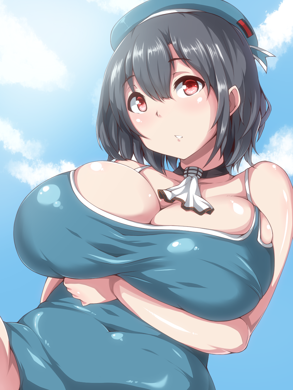 bad_id bad_pixiv_id breast_hold breasts brown_hair cleavage hat highres huge_breasts kantai_collection moisture_(chichi) one-piece_swimsuit red_eyes solo swimsuit takao_(kantai_collection)