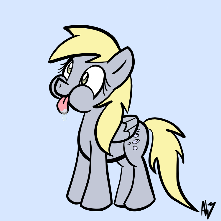 blonde_hair blue_background cute cutie_mark derpy_hooves_(mlp) dripping equine female feral friendship_is_magic fur green_eyes grey_fur hair horse lolzaman mammal my_little_pony pegasus plain_background pony saliva signature solo tongue tongue_out wings