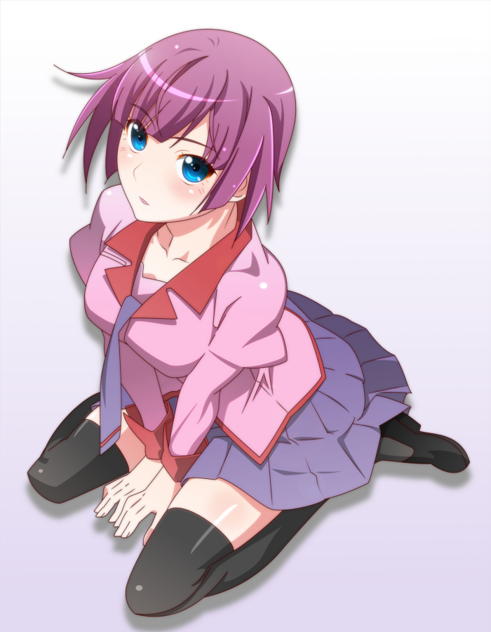 alternate_hairstyle bakemonogatari blue_eyes monogatari_(series) purple_hair school_uniform senjougahara_hitagi short_hair spiceg thighhighs