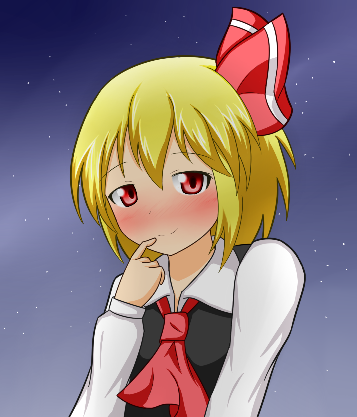 ascot blonde_hair blush finger_to_mouth hair_ribbon long_sleeves looking_at_viewer night night_sky nogiguchi red_eyes ribbon rumia sky smile touhou upper_body vest