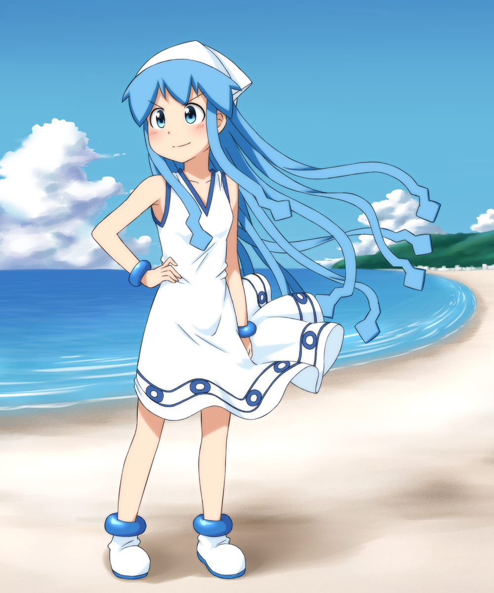 beach blue_eyes blue_hair day dress hat highres ikamusume long_hair mohya shinryaku!_ikamusume tentacle_hair