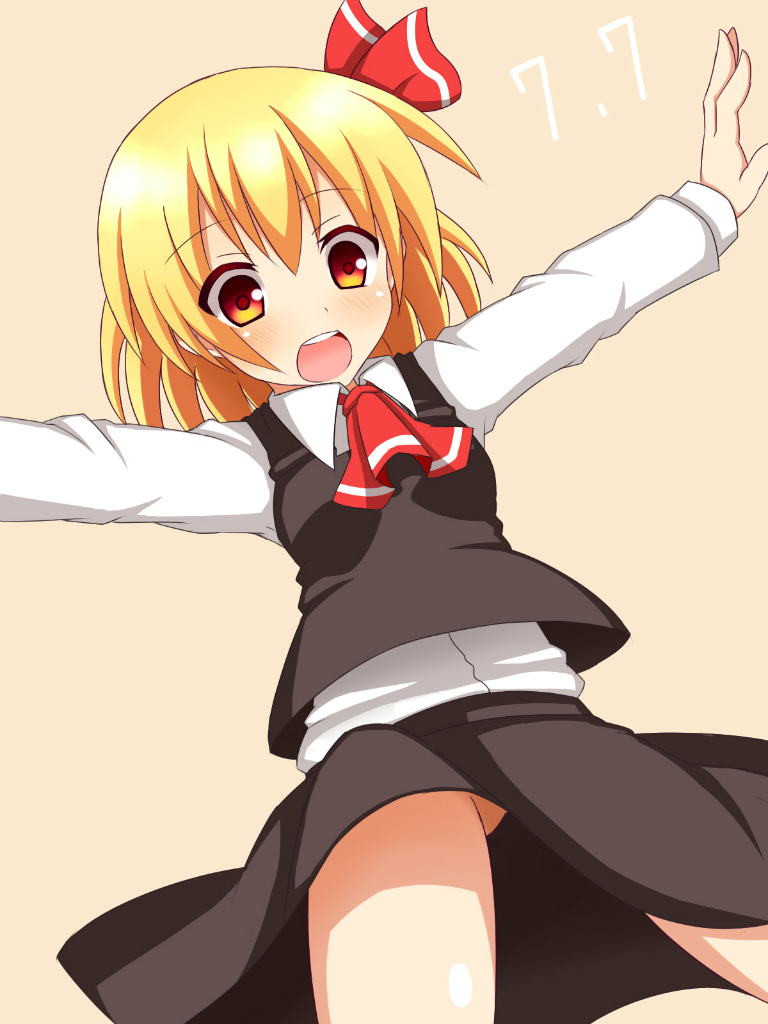 ascot bad_id bad_pixiv_id blonde_hair hair_ribbon haniwagi_(hal) no_panties open_mouth outstretched_arms red_eyes ribbon rumia shirt skirt skirt_set smile solo touhou upskirt vest