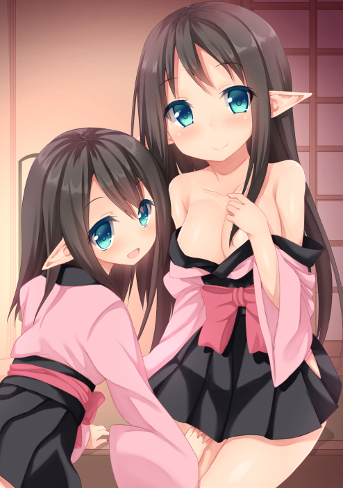 bare_shoulders binsen black_hair blue_eyes blush breasts cleavage elf hand_on_thigh long_hair looking_at_viewer medium_breasts multiple_girls open_mouth original pointy_ears smile