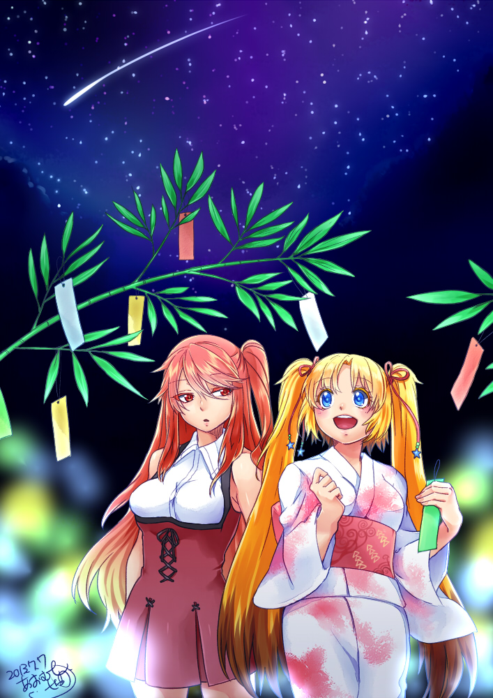 aomushi_sekka artist_name bamboo bare_shoulders blonde_hair blue_eyes breasts commentary dated dress hair_ornament hair_ribbon japanese_clothes kimono large_breasts long_hair looking_up multiple_girls night night_sky open_mouth original red_eyes red_hair ribbon shooting_star side_ponytail signature sky star_(sky) tanabata tanzaku teeth twintails