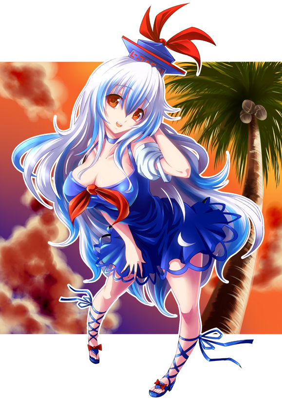 adapted_costume bare_shoulders bent_over blue_hair blue_skirt breasts brown_eyes cleavage cloud collarbone detached_sleeves hand_in_hair hat hijikawa_arashi kamishirasawa_keine large_breasts leg_ribbon long_hair looking_at_viewer multicolored_hair neckerchief open_mouth palm_tree pigeon-toed ribbon shoes short_sleeves silver_hair skirt sky smile solo sunset touhou tree two-tone_hair very_long_hair