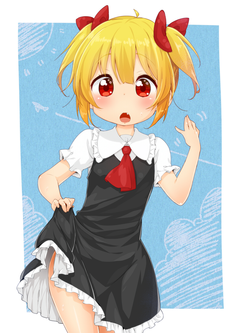 alternate_hairstyle ascot bad_id bad_pixiv_id black_dress blonde_hair blush dress dress_lift fang hair_ribbon jigatei_(omijin) looking_at_viewer open_mouth puffy_sleeves red_eyes ribbon rumia shirt short_sleeves solo touhou twintails