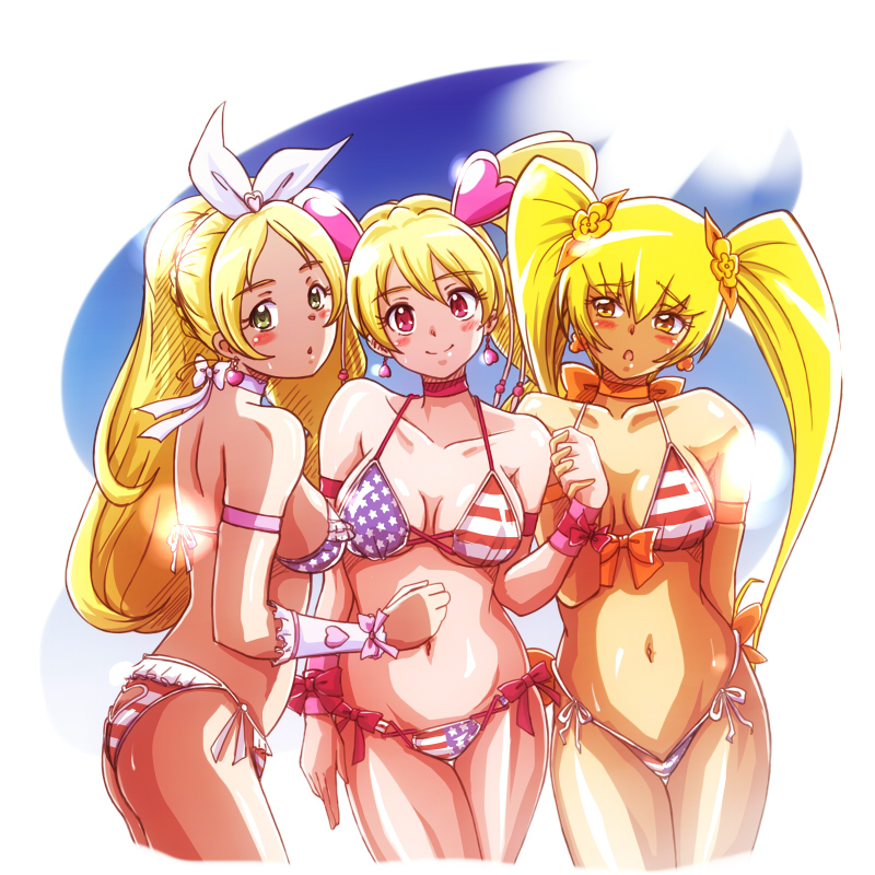 american_flag_bikini bikini blonde_hair bow choker color_connection crossover cure_peach cure_rhythm cure_sunshine flag_print fresh_precure! green_eyes h26r hair_color_connection hair_ornament heart heart_hair_ornament heartcatch_precure! long_hair minamino_kanade momozono_love multiple_girls myoudouin_itsuki orange_bow orange_choker pink_choker precure red_eyes suite_precure swimsuit twintails white_choker yellow_eyes