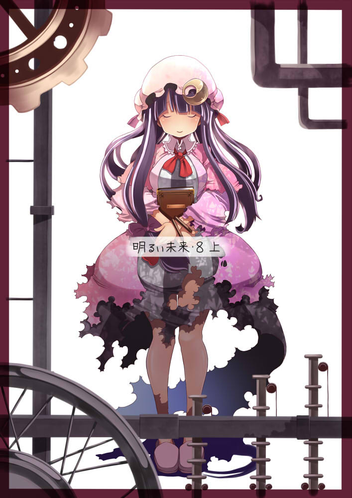 book bracelet closed_eyes crescent gears jewelry long_hair patchouli_knowledge purple_hair ribbon shadow smile touhou uni_mate