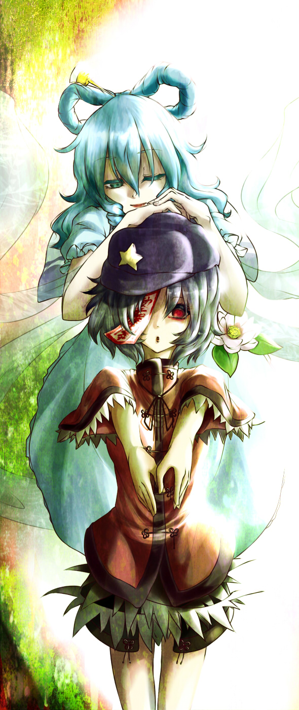 arm_on_head blue_eyes blue_hair covered_eyes dress flower forest green_hair hair_ornament hair_rings hair_stick hat highres jiangshi kaku_seiga miyako_yoshika multiple_girls nature ofuda one_eye_closed open_mouth outstretched_arms shawl shika_miso short_hair skirt smile star touhou vest zombie_pose
