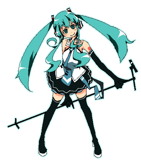 boots gloves green_eyes green_hair hatsune_miku head_tilt headphones headset holding kaeruyama_yoshitaka long_hair looking_at_viewer microphone microphone_stand necktie simple_background skirt smile solo thigh_boots thighhighs twintails very_long_hair vocaloid white_background zettai_ryouiki