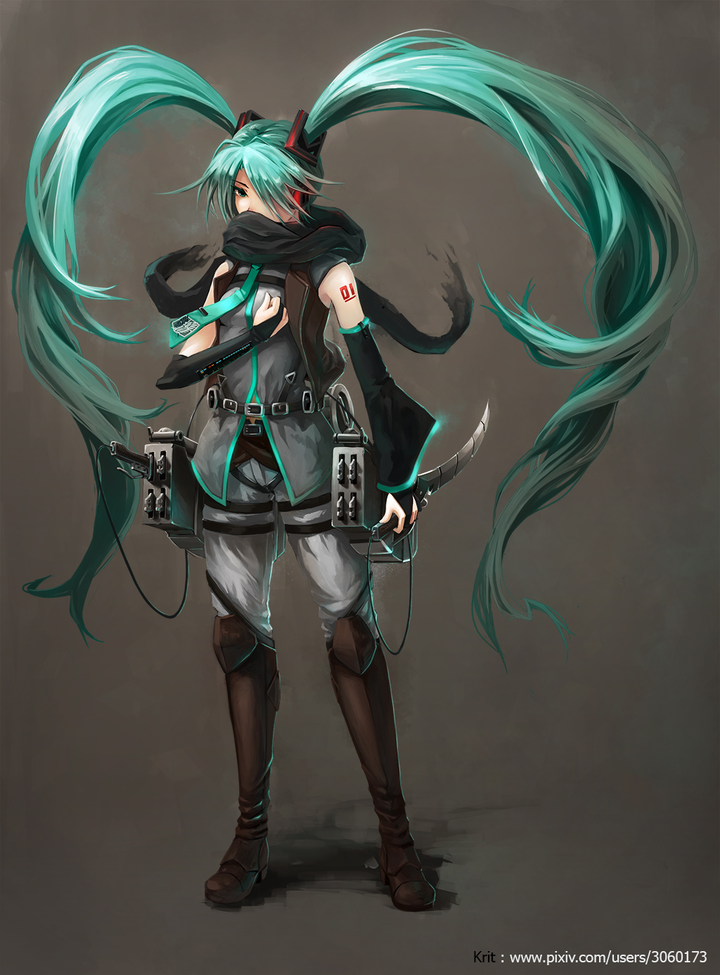 adapted_costume artist_name belt boots breasts bridal_gauntlets covered_mouth detached_sleeves full_body green_eyes green_hair hair_over_one_eye hand_on_own_chest hatsune_miku headphones highres knee_boots long_hair necktie parody reverse_grip scarf scarf_over_mouth shingeki_no_kyojin small_breasts solo subaru01rins sword tattoo three-dimensional_maneuver_gear twintails very_long_hair vocaloid watermark weapon web_address