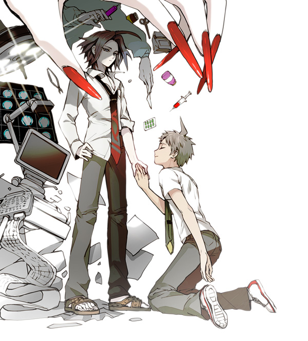 ahoge black_hair brown_hair closed_eyes danganronpa enoshima_junko hands hinata_hajime holding_hands male_focus matsuda_yasuke medicine monitor multiple_boys necktie sandals scalpel school_uniform scissors spoilers super_danganronpa_2 zakki