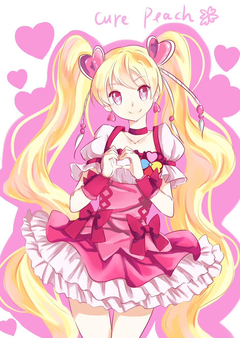blonde_hair bow buts_(11067) character_name choker corset cure_peach earrings fresh_precure! hair_ornament heart heart_hair_ornament heart_hands highres jewelry long_hair magical_girl momozono_love pink_bow pink_choker pink_eyes precure ribbon skirt smile solo twintails