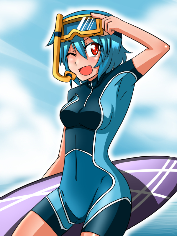 ;d alternate_costume bad_id bad_pixiv_id blue_hair bodysuit breasts diving_mask diving_mask_on_head katsumi5o medium_breasts one_eye_closed open_mouth red_eyes short_hair smile snorkel solo surfboard tatara_kogasa touhou wetsuit
