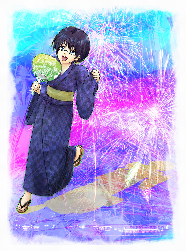 akaboshi_imoko black_hair blue_eyes copyright_request fan fireworks glasses japanese_clothes kimono male_focus paper_fan sandals smile solo uchiwa