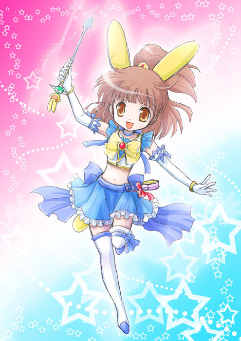 adapted_costume animal_ears arle_nadja artist_request blue_skirt boots bow brooch brown_eyes brown_hair bunny_ears cameo carbuncle_(puyopuyo) choker elbow_gloves frills full_body gloves half_updo jewelry madou_monogatari magical_girl multicolored multicolored_background puyo_(puyopuyo) puyopuyo ribbon short_hair skirt smile solo standing standing_on_one_leg star starry_background thigh_boots thighhighs wand white_gloves white_legwear yellow_bow