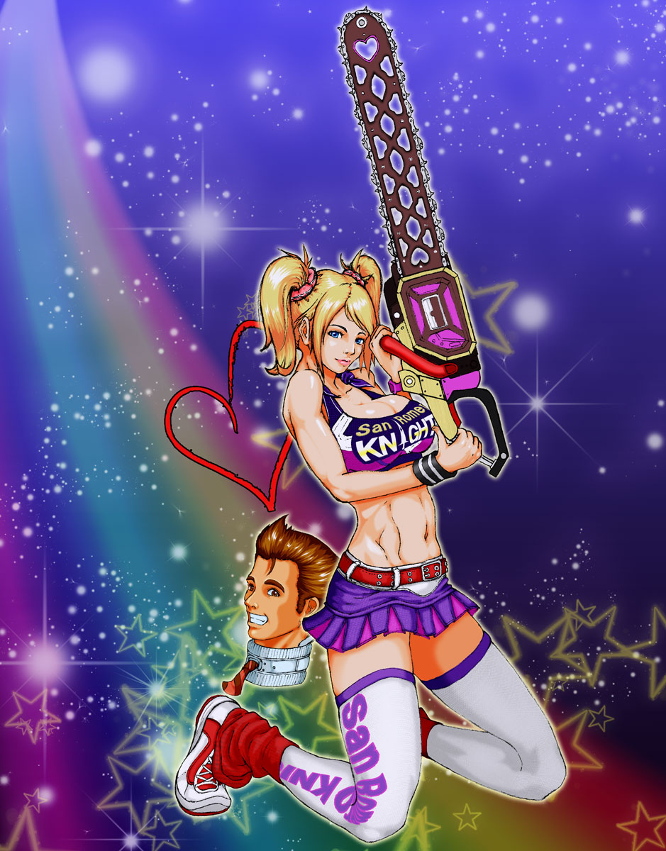 abs belt blonde_hair blue_eyes breasts chainsaw cheerleader crop_top grin highres juliet_starling kneeling large_breasts leg_warmers lollipop_chainsaw midriff miniskirt naname_neko navel nick_carlyle scrunchie severed_head shoes skirt smile sneakers solo thighhighs twintails white_legwear wristband