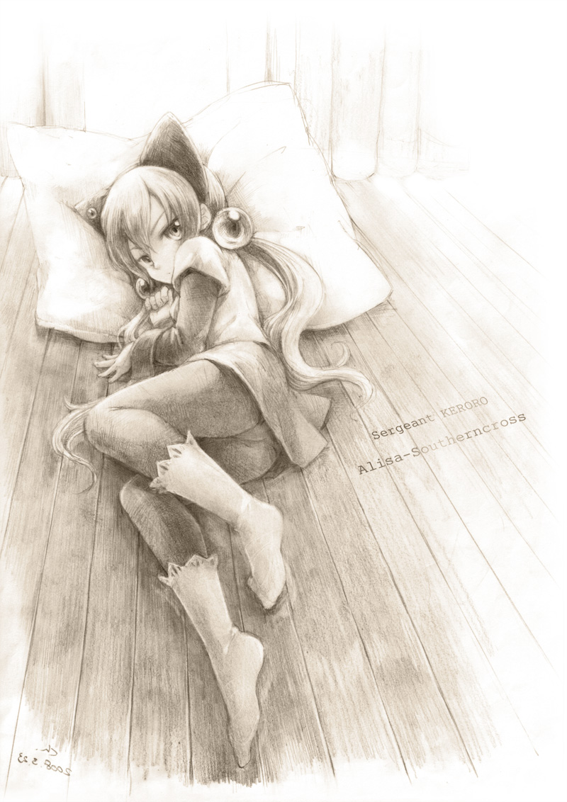 2008 alisa_southerncross animal_ears ass cat_ears character_name choco_(moyasi) copyright_name dated graphite_(medium) hair_bobbles hair_ornament keroro_gunsou long_hair looking_at_viewer lying mechanical_pencil monochrome on_side panties panties_under_pantyhose pantyhose pencil pillow skirt socks socks_over_pantyhose solo traditional_media twintails underwear