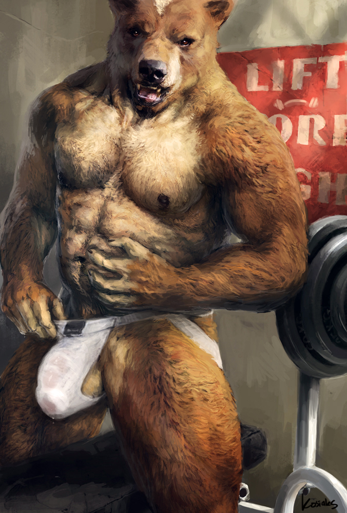 anthro balls bear biceps big big_muscles bodybuilder brown_fur bulge chubby erection fangs fur gym jockstrap kosiaks looking_at_viewer male mammal musclegut muscles navel nipples open_mouth pecs penis pose solo standing teeth tongue topless translucent transparent_clothing underwear weights wet_clothing