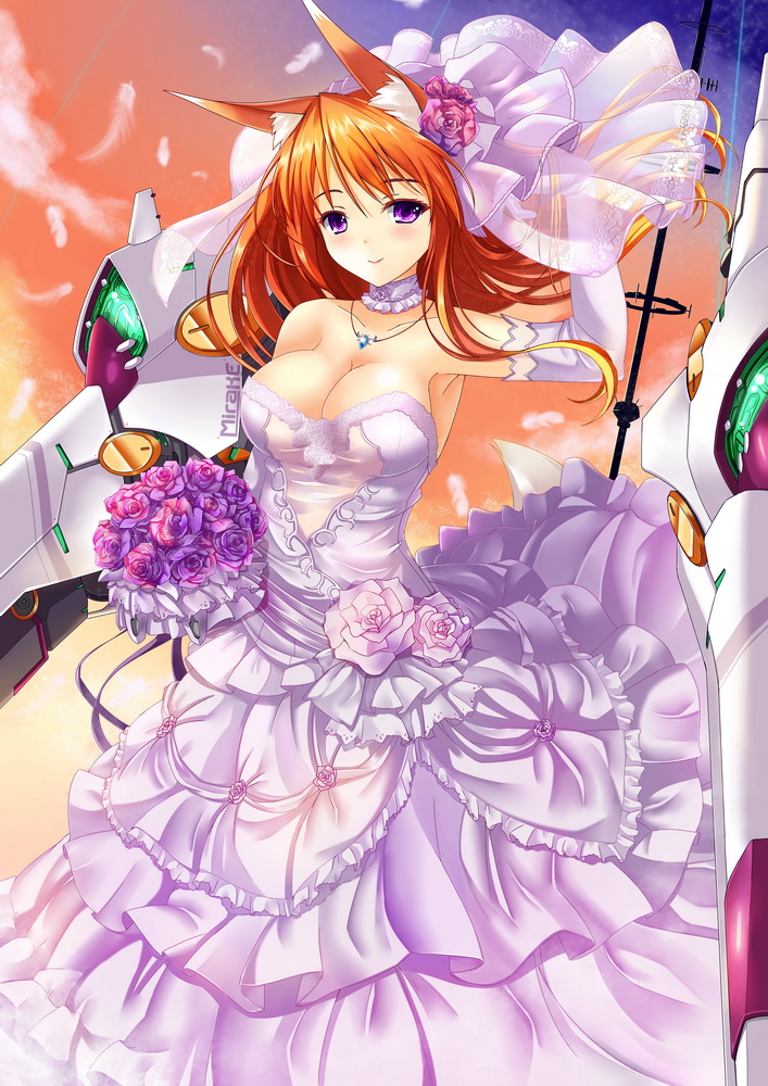 animal_ears bouquet breasts bridal_veil choker cleavage dress elbow_gloves fatkewell flower fox_ears fox_tail gloves hair_flower hair_ornament jewelry large_breasts long_hair looking_at_viewer necklace orange_hair original purple_eyes rika_eastre smile solo tail veil wedding_dress white_gloves