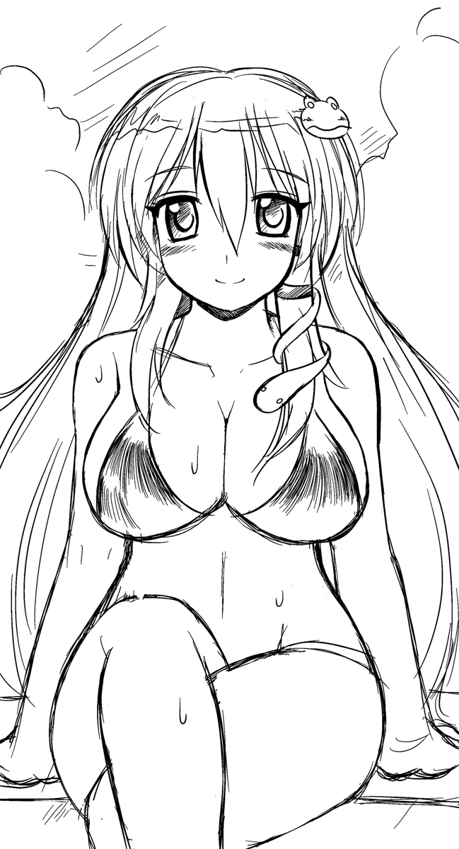 bikini blush breasts cleavage crossed_legs gomamiso_(gomamiso_sp) greyscale highres kochiya_sanae large_breasts long_hair looking_at_viewer monochrome sitting smile solo swimsuit touhou