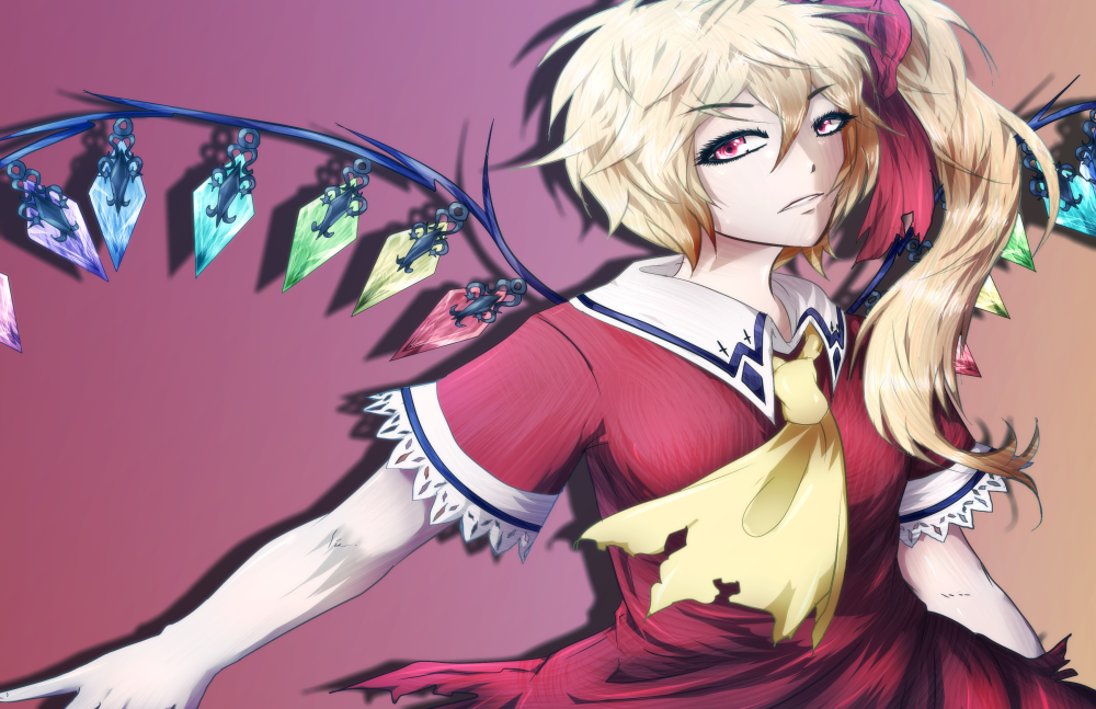 blonde_hair breasts dress fingers flandre_scarlet looking_at_viewer non-web_source red_dress red_eyes small_breasts solo touhou wings