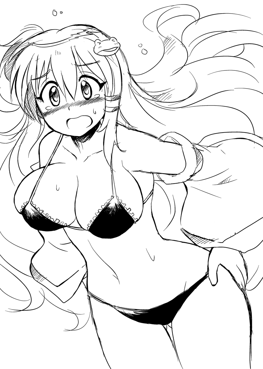 bikini blush breasts cleavage gomamiso_(gomamiso_sp) greyscale highres kochiya_sanae large_breasts long_hair monochrome open_mouth simple_background solo swimsuit tears touhou very_long_hair white_background