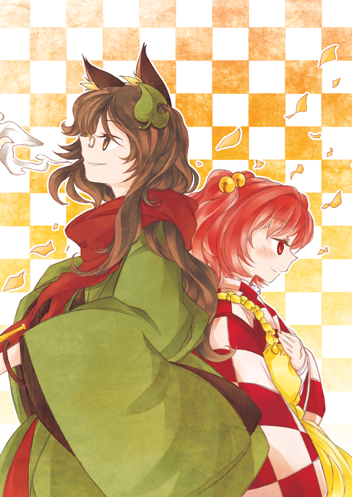 animal_ears apron back-to-back bangle bell blush bracelet brown_hair checkered checkered_background clothes_writing futatsuiwa_mamizou futatsuiwa_mamizou_(human) glasses hair_bell hair_ornament hand_on_own_chest japanese_clothes jewelry leaf leaf_on_head long_hair motoori_kosuzu multiple_girls pince-nez profile raccoon_ears red_eyes red_hair scarf smile smoke touhou uri_uri wide_sleeves yellow_eyes