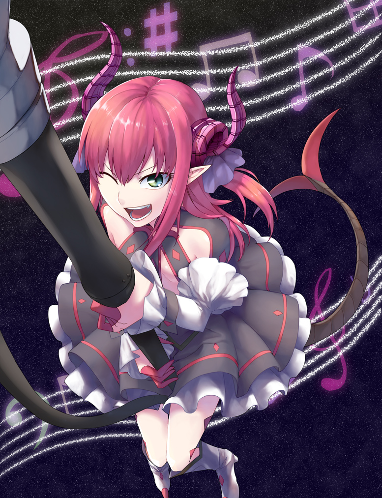 blue_eyes claws detached_sleeves dress elizabeth_bathory_(fate) elizabeth_bathory_(fate)_(all) fang fate/extra fate/extra_ccc fate_(series) from_above horns long_hair musical_note one_eye_closed pink_hair pointy_ears polearm solo spear tail torinoko_tamago two_side_up weapon