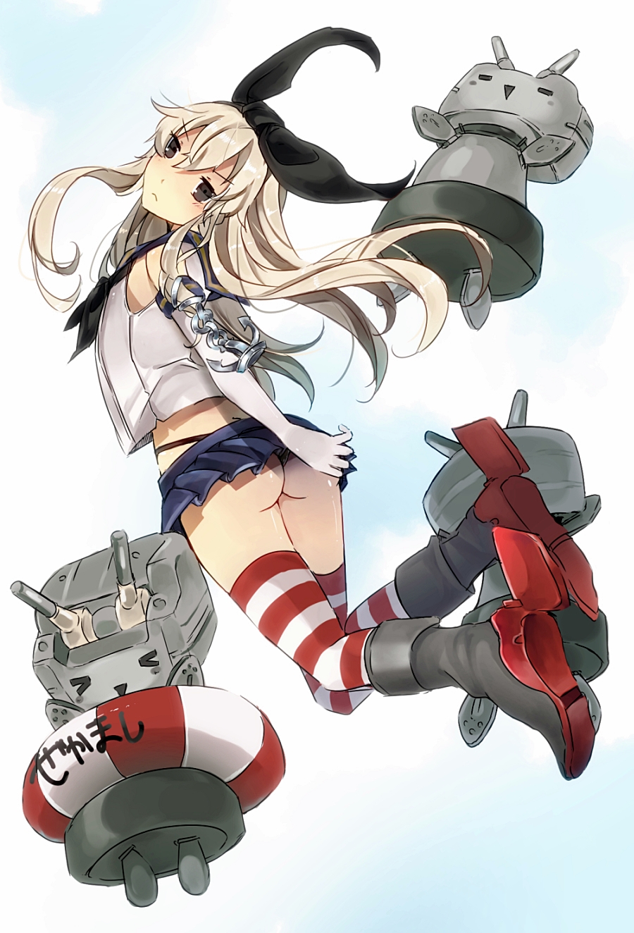 anchor anchor_hair_ornament ass bad_id bad_pixiv_id black_eyes black_panties blonde_hair blush elbow_gloves from_behind gloves hair_ornament hairband highres hukii_hiyoru kantai_collection lifebuoy long_hair looking_at_viewer looking_back panties rensouhou-chan shimakaze_(kantai_collection) skirt solo striped striped_legwear thighhighs turret underwear white_gloves