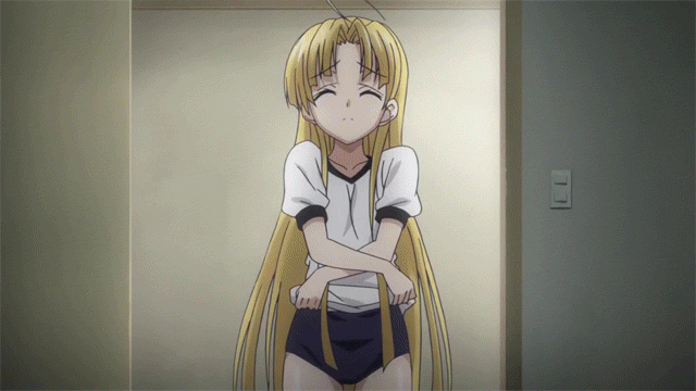 1girl animated animated_gif asia_argento blonde_hair bloomers bounce bouncing_breasts breasts buruma eyes_closed gym_uniform high_school_dxd high_school_dxd_new long_hair navel nipples screencap solo underwear undressing