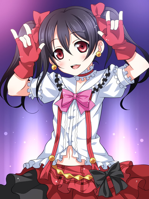 \m/ black_hair bokura_wa_ima_no_naka_de bow double_\m/ fingerless_gloves gloves love_live! love_live!_school_idol_project navel open_mouth pose red_eyes ribbon short_hair skirt smile solo soukai_(lemonmaiden) twintails yazawa_nico