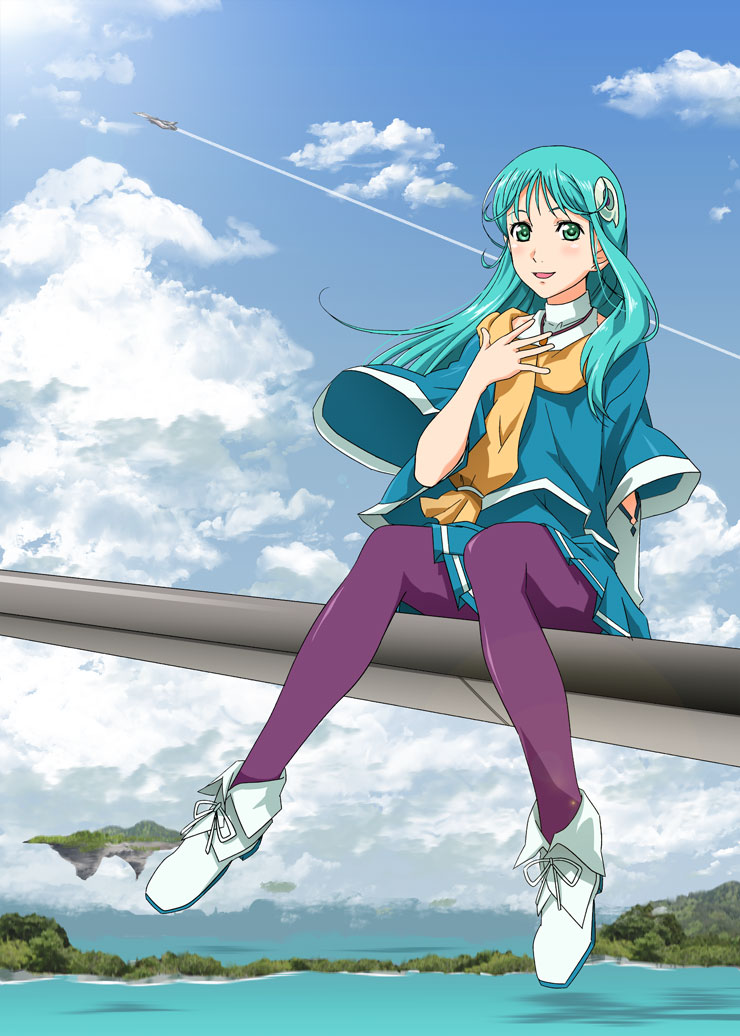 apr aqua_hair boots cloud day floating_island flying forest green_eyes hair_ornament island long_hair looking_at_viewer macross macross_30 mecha mina_forte nature ocean ouroboros_(planet) pantyhose scarf science_fiction sitting sky smile solo tree water wide_sleeves yf-30