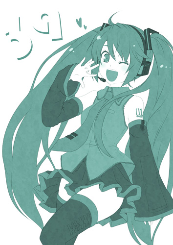 39 detached_sleeves green hatsune_miku kouji_(campus_life) long_hair lowres monochrome one_eye_closed solo twintails vocaloid