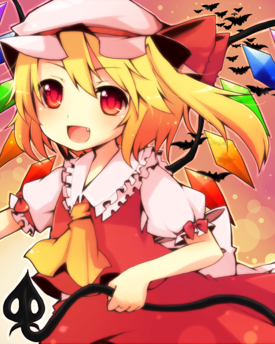 ascot bat blonde_hair bow fang flandre_scarlet gradient gradient_background hat laevatein looking_at_viewer mob_cap open_mouth puffy_short_sleeves puffy_sleeves red_eyes ruhika short_hair short_sleeves side_ponytail skirt skirt_set solo touhou wings