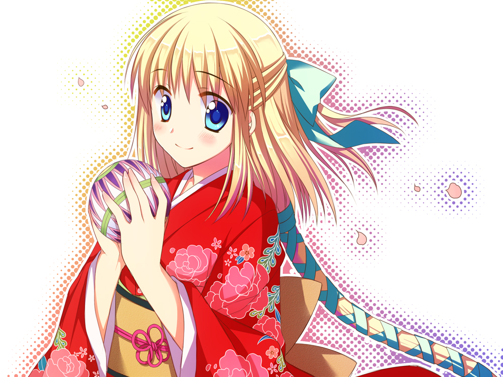 ayamisiro blonde_hair blue_eyes blush half_updo japanese_clothes long_hair looking_at_viewer love-ressive otonashi_ophilia_reo simple_background smile solo white_background