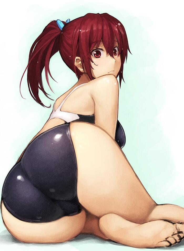 1girl ass barefoot feet female free! looking_at_viewer looking_back lying matsuoka_gou on_side one-piece_swimsuit ponytail red_eyes red_hair shimaudon solo swimsuit thighs
