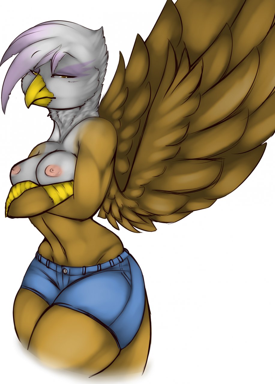 anthrofied avian beak breasts clothing crossed_arms female friendship_is_magic gilda_(mlp) gryphon looking_at_viewer my_little_pony nipples plain_background sinibeau solo topless white_background wings yellow_eyes