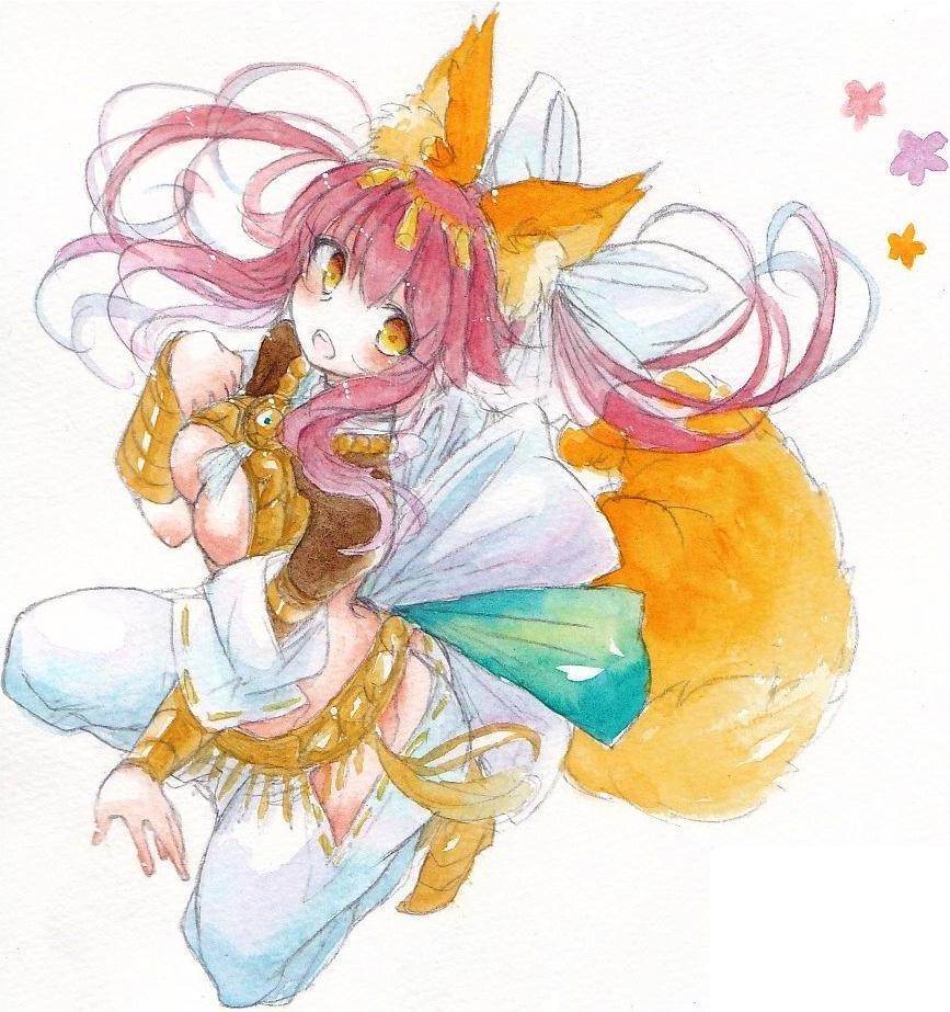 amaterasu_(fate) animal_ears bad_id bad_pixiv_id breasts dancer fate/extra fate/extra_ccc fate_(series) fina_(sa47rin5) fox_ears fox_tail hair_ribbon medium_breasts pink_hair ribbon solo tail tamamo_(fate)_(all) tamamo_no_mae_(fate) traditional_media twintails underboob watercolor_(medium) yellow_eyes