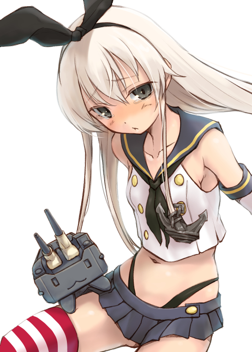 :&lt; anchor anchor_hair_ornament blonde_hair blurry blush cannon collarbone crop_top depth_of_field green_eyes hair_ornament hairband head_tilt highleg highleg_panties kantai_collection long_hair navel panties rensouhou-chan sailor_collar shimakaze_(kantai_collection) simple_background sitting solo striped striped_legwear tamaki_fuyu tears thighhighs underwear white_background