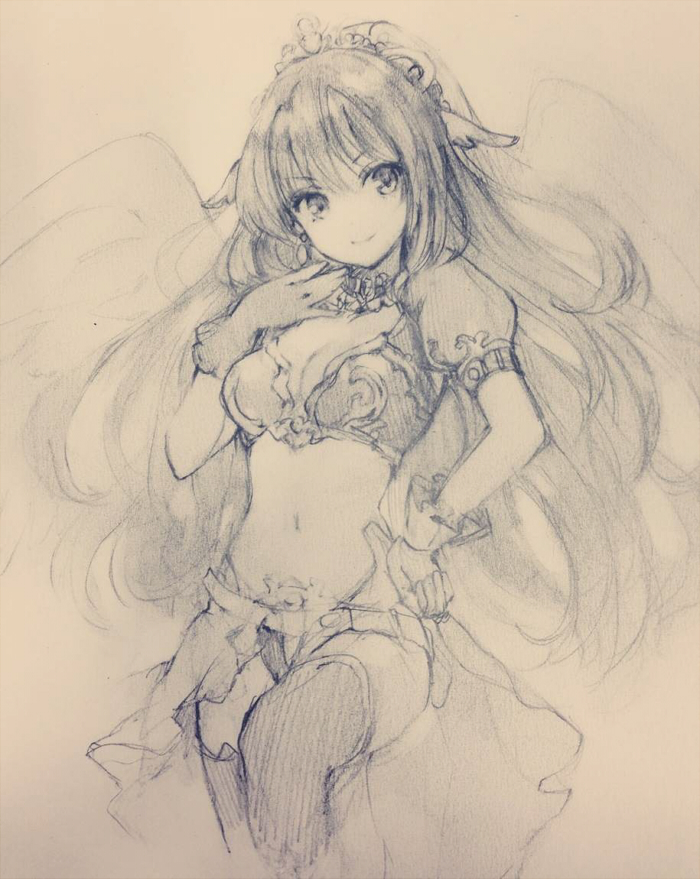 breasts cleavage copyright_request gloves graphite_(medium) hand_on_hip hand_on_own_chest leg_up light_smile medium_breasts momoko_(momopoco) navel sketch solo thighhighs traditional_media wings