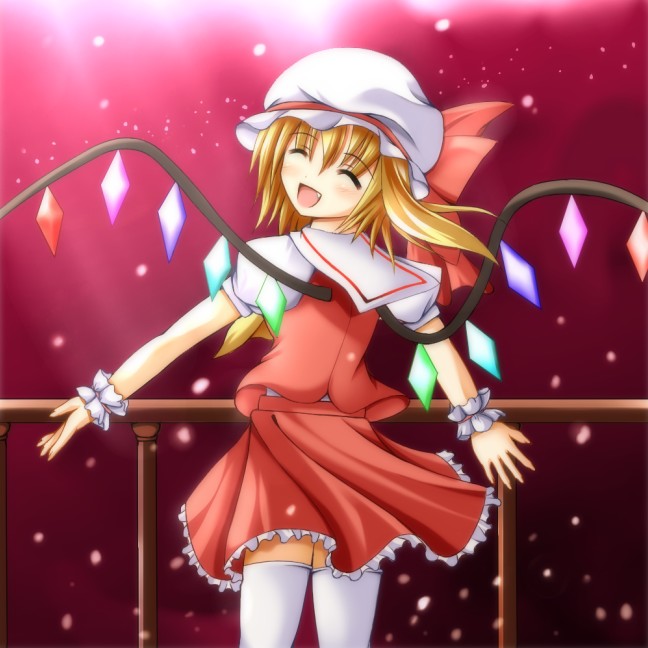 fang flandre_scarlet hat hat_ribbon looking_back mumei ribbon side_ponytail smile solo thighhighs touhou white_legwear wings