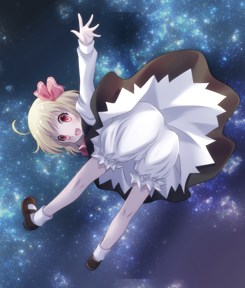 ass blonde_hair bloomers blush bow hair_bow hair_ribbon kneepits komiru mary_janes open_mouth outstretched_arm outstretched_hand red_eyes ribbon rumia shoes short_hair skirt smile solo touhou underwear white_bloomers