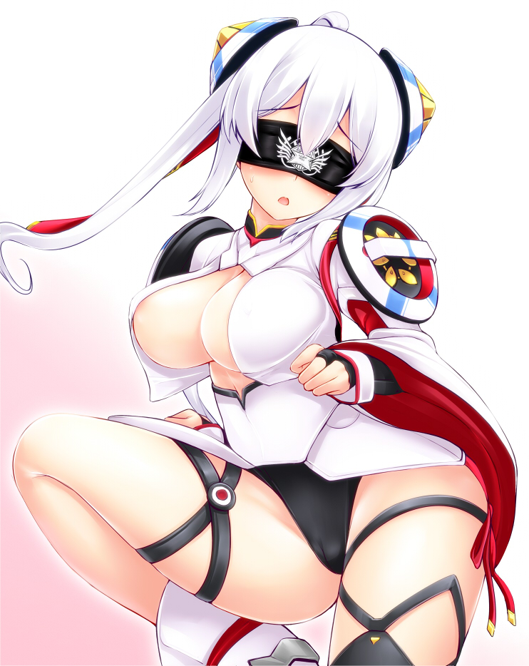 areola_slip areolae blindfold breasts cameltoe cleavage facing_viewer fingerless_gloves gloves large_breasts long_hair matoi_(pso2) mikoto_cluster panties phantasy_star phantasy_star_online_2 solo underwear uni8 white_hair