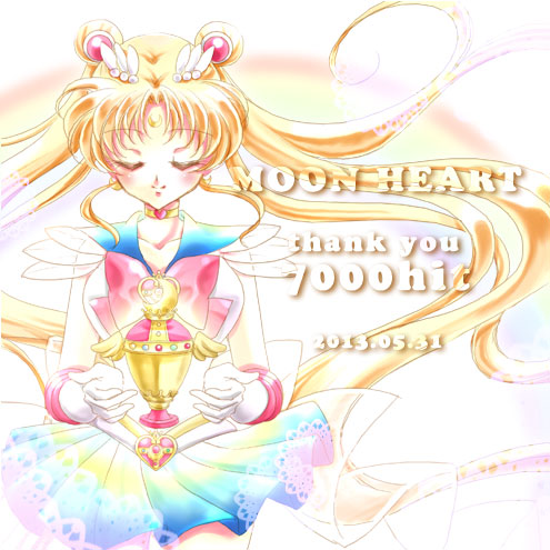 2013 back_bow bishoujo_senshi_sailor_moon blonde_hair blue_sailor_collar blush bow brooch choker closed_eyes crescent dated double_bun elbow_gloves facial_mark forehead_mark gloves hair_ornament hairpin hits jewelry long_hair lowres magical_girl multicolored multicolored_clothes multicolored_skirt red_bow ribbon sailor_collar sailor_moon sailor_senshi_uniform seihai_(sailor_moon) shirataki_kaiseki skirt smile solo super_sailor_moon thank_you tsukino_usagi twintails white_gloves